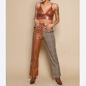 New Steve Madden Highrise Faux Leather & Plaid Asymmetrical Straight Leg Pants